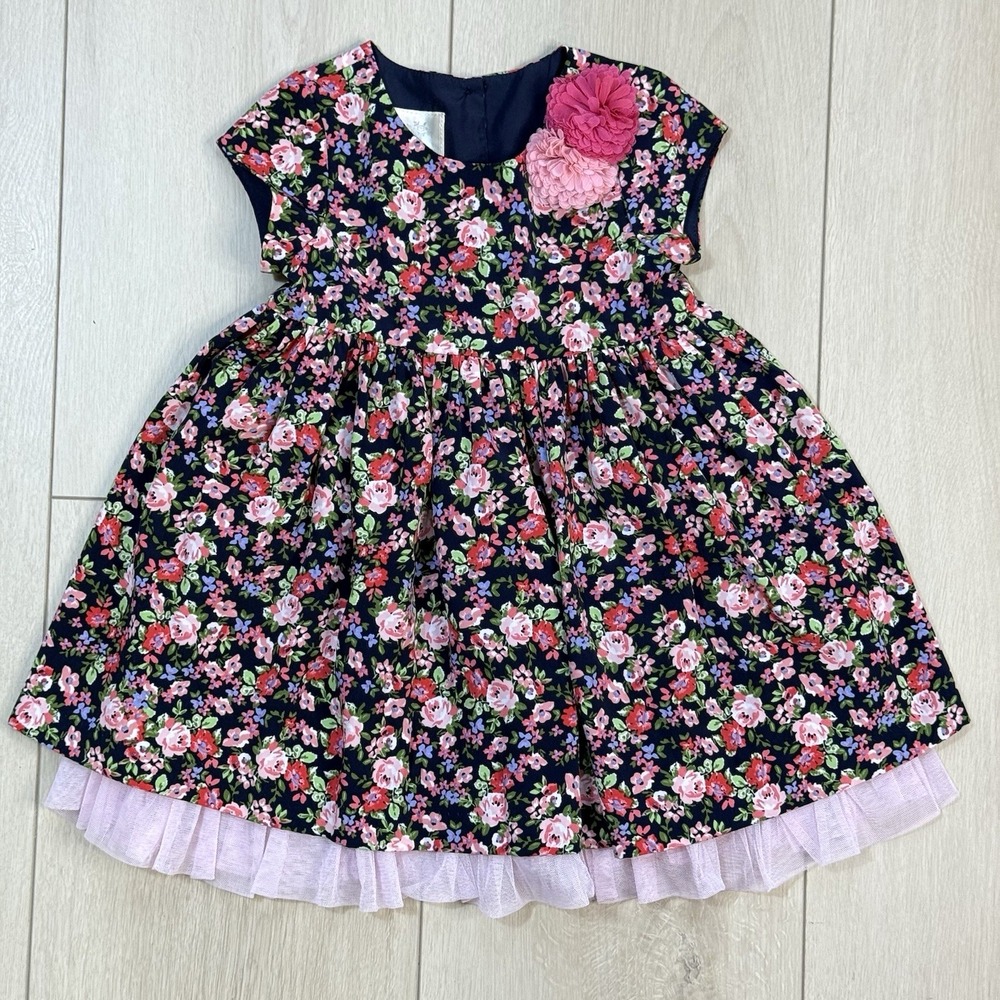 LAURA‎ ASHLEY Toddler Girl 24M Floral A-Line Dress Pink Rosettes Tulle Trim EUC